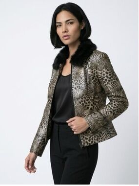 Baccini Leopard-Print Faux Leather Jacket with Black Faux-Fur Collar